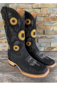 Cactus Country Women Black Sunflower Square Toe Cowgirl Boots